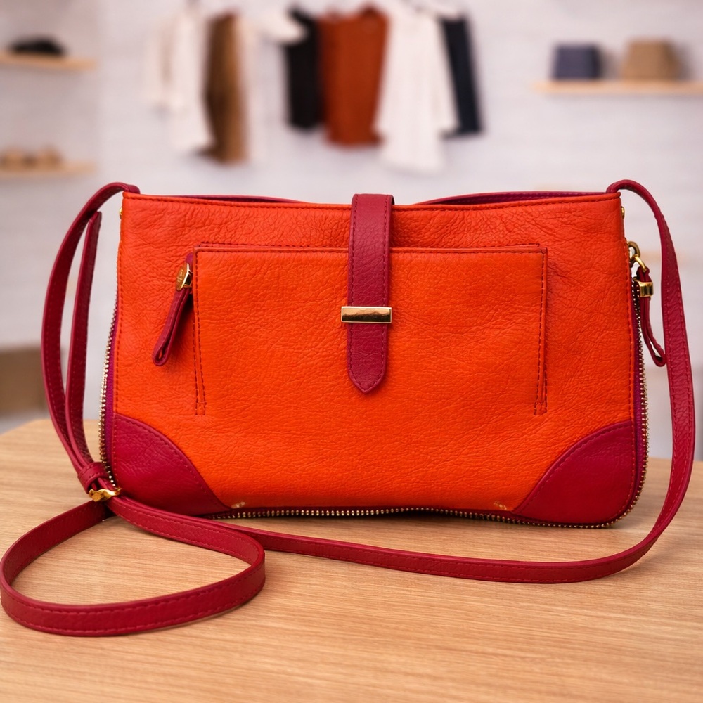 Tory Burch Orange Red Leather Crossbody Bag Colorblock